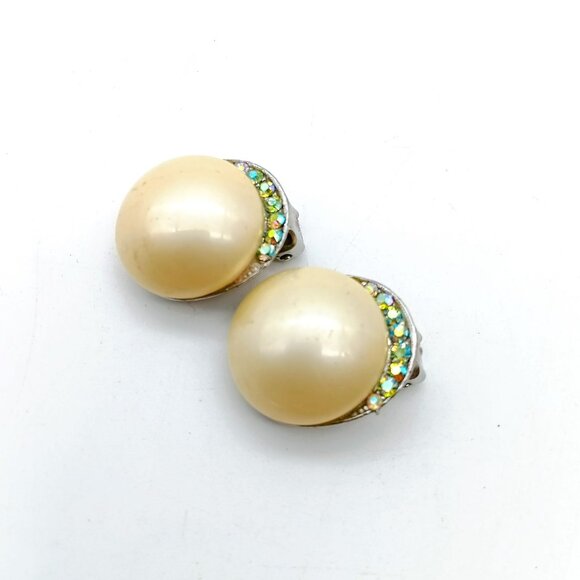 Elegant Faux Pearl Button Earrings with AB Crystal Crescent Halo, Vintage Chic C - Picture 2 of 4